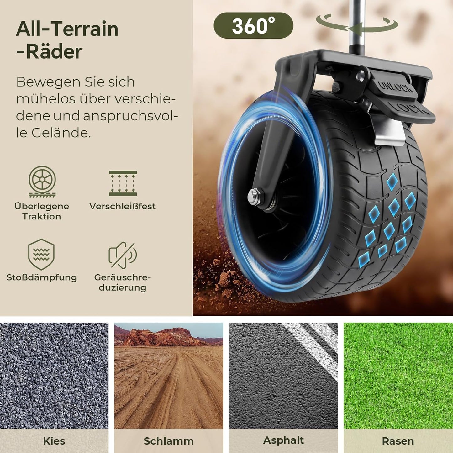 Faltbarer Bollerwagen mit 360° All-Terrain-Rädern