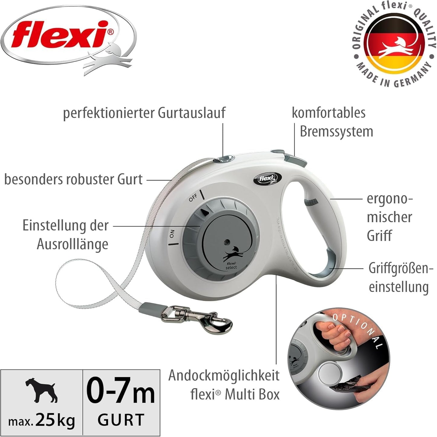 Roll-Leine für Hunde bis 25 kg, 7 m, hellgrau M: 0-7m (max. 25kg)
