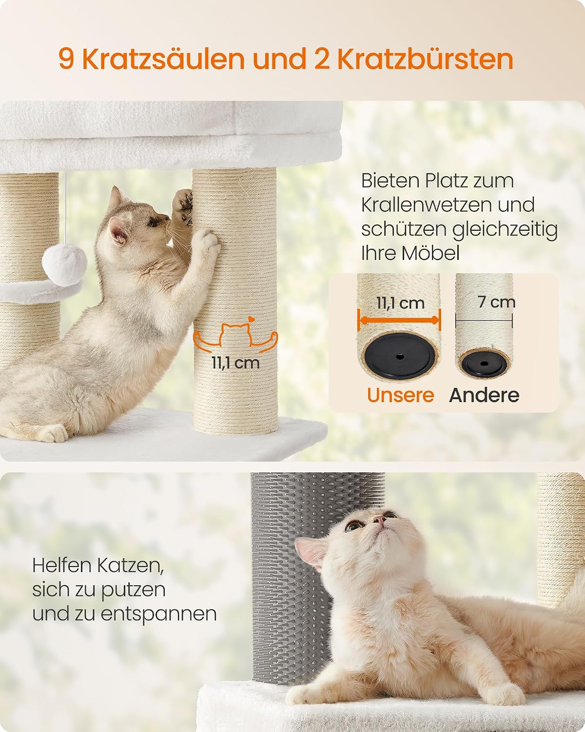 Kratzbaum für grosse Katzen mit Bürsten und Höhle, cremeweiss + beige