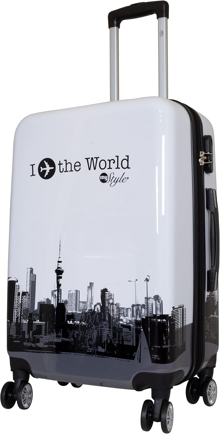 Hartschalenkoffer mit Städtedesign, Citykoffer - Grösse M Fly The World Weiss