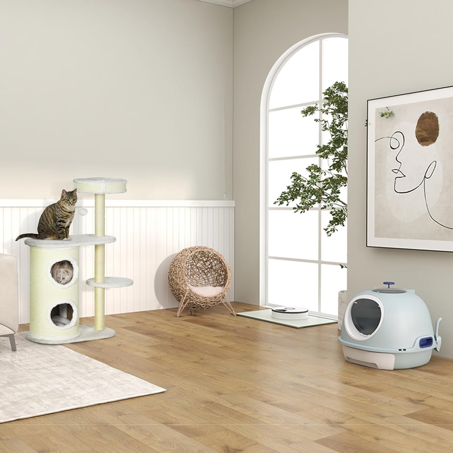 Katzenkorb mit Kissen, Naturholz