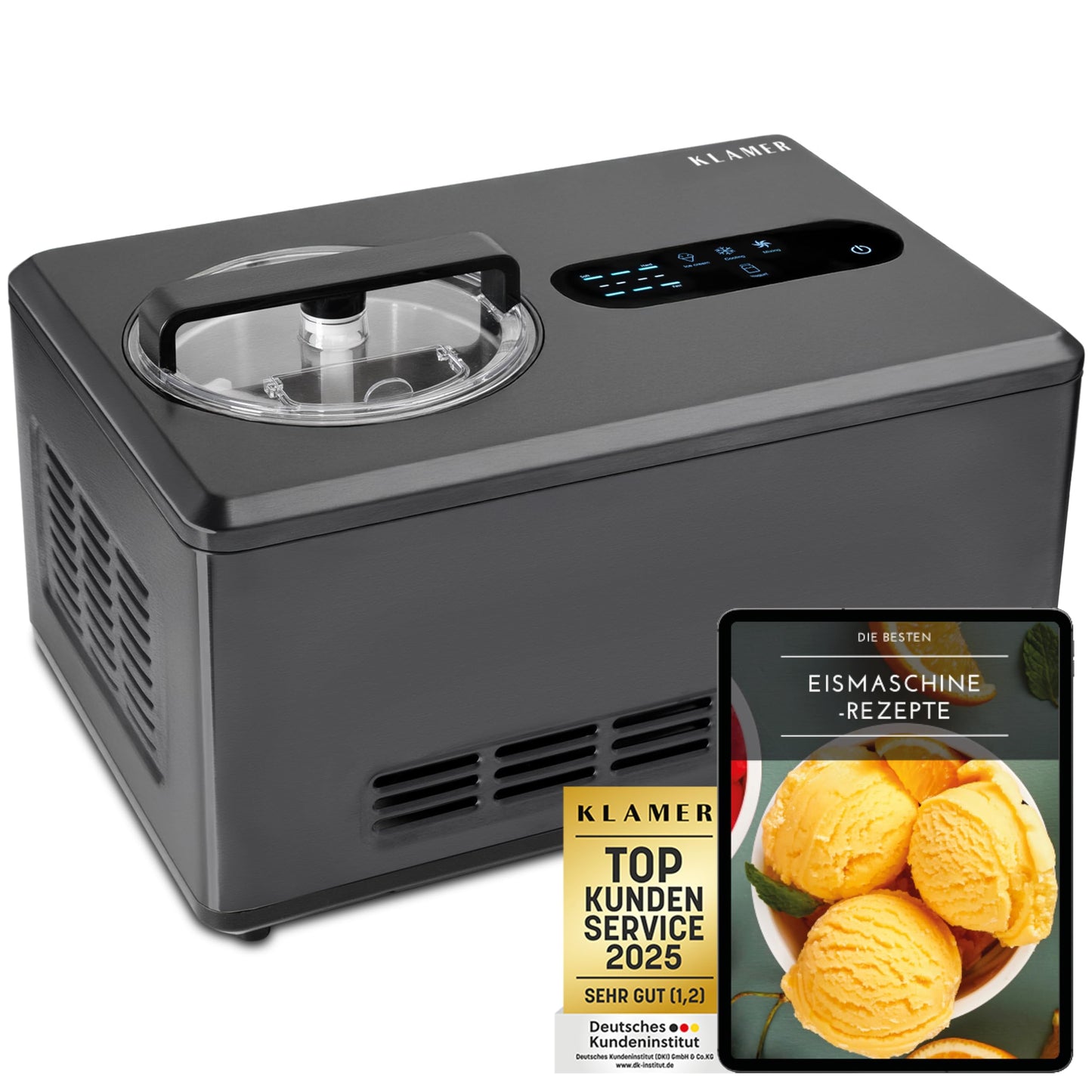 2-in-1 Eismaschine & Joghurtbereiter 2L, Edelstahl, 2L Pro Schwarz