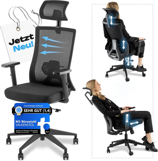 Ergonomischer Bürostuhl mit Kopfstütze und Armlehnen, M3 Komfort (Schwarz)