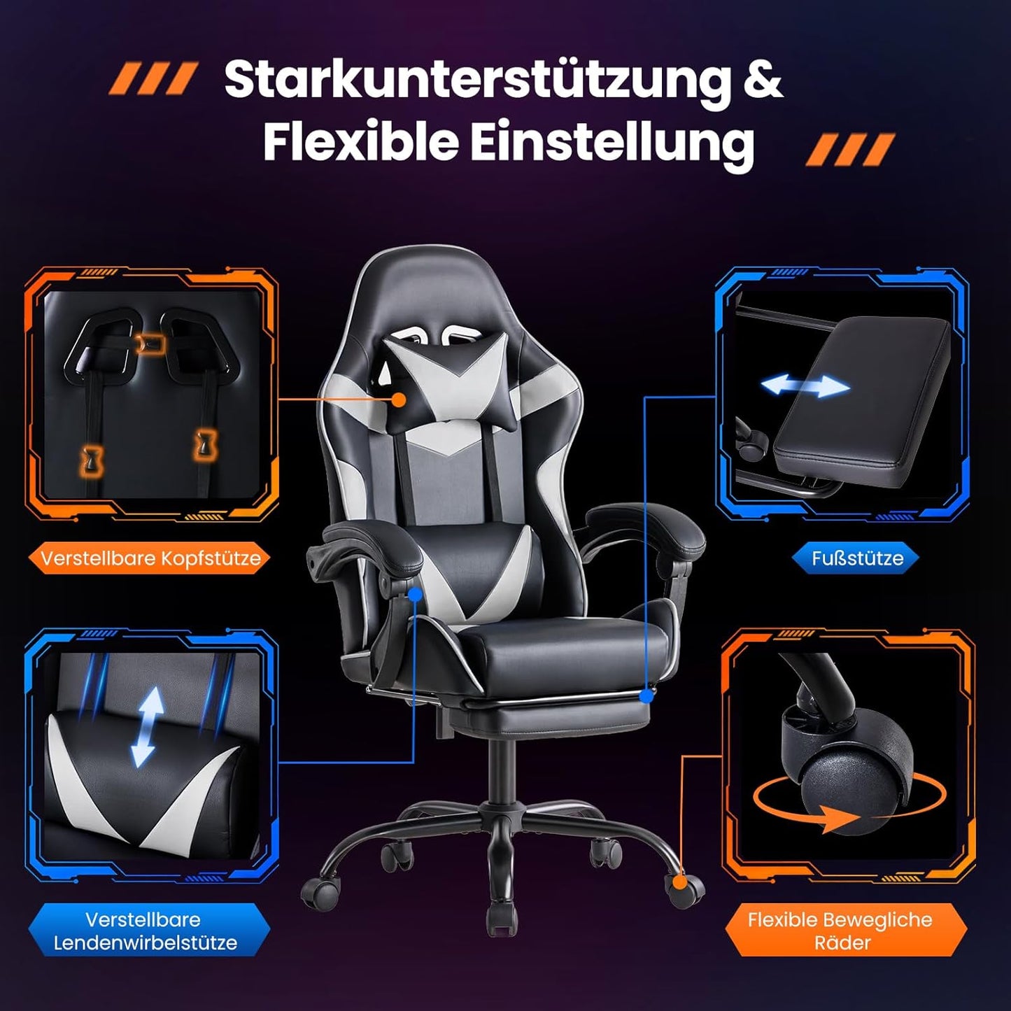Ergonomischer Gaming-Stuhl mit Fussstütze, Modernes Weiss