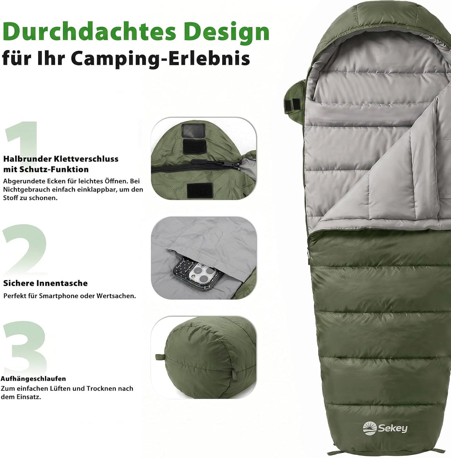 Mumienschlafsack für Erwachsene, 4 Jahreszeiten (0 °C - +5 °C) Grün