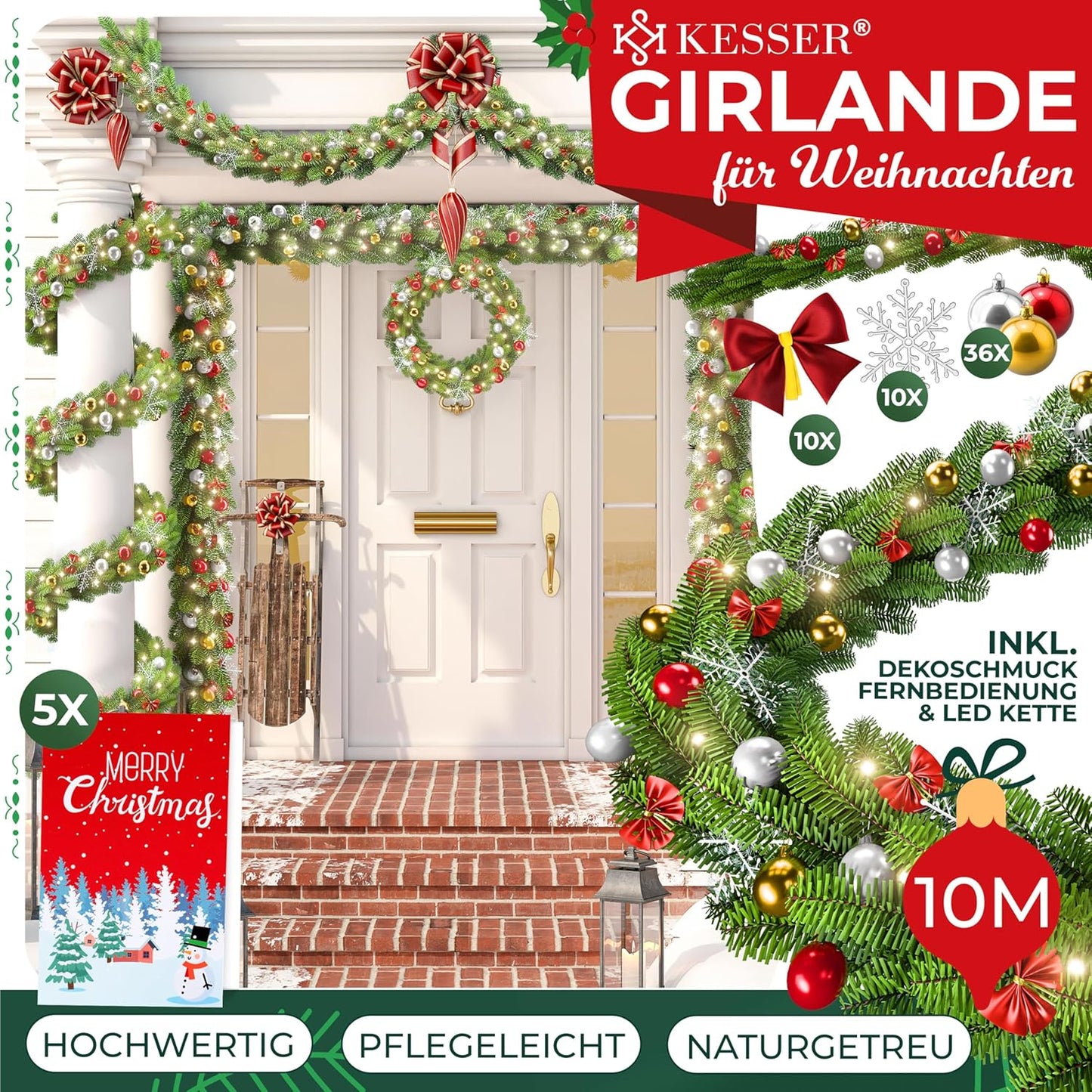 Weihnachtsgirlande mit 200 LEDs, 10m / 200 LEDs Naturgrün + Deko