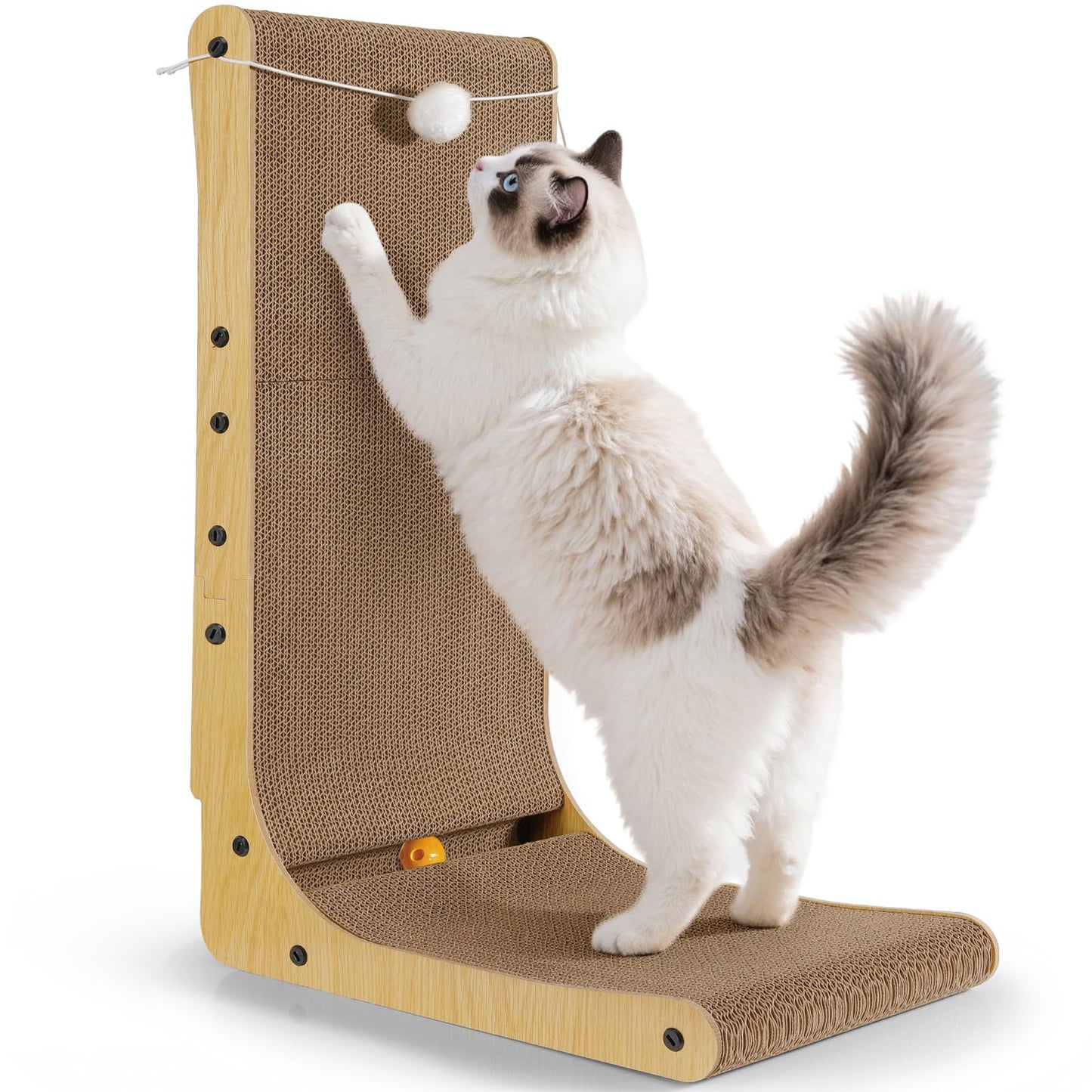 L-förmiges Katzenkratzbrett mit Ball und Glocke, Holz + Glocke 68cm