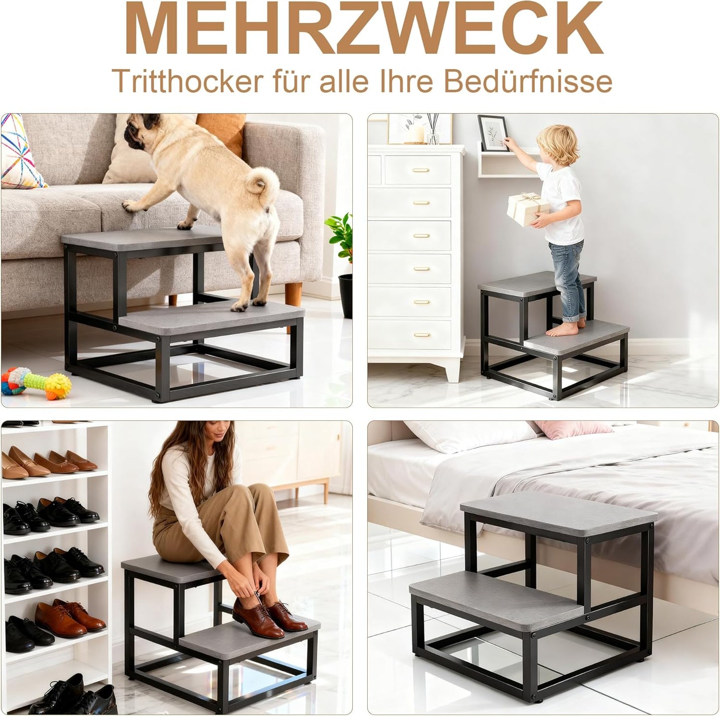Tritthocker mit 2 Stufen, Anti-Rutsch-Funktion, Standard Grau