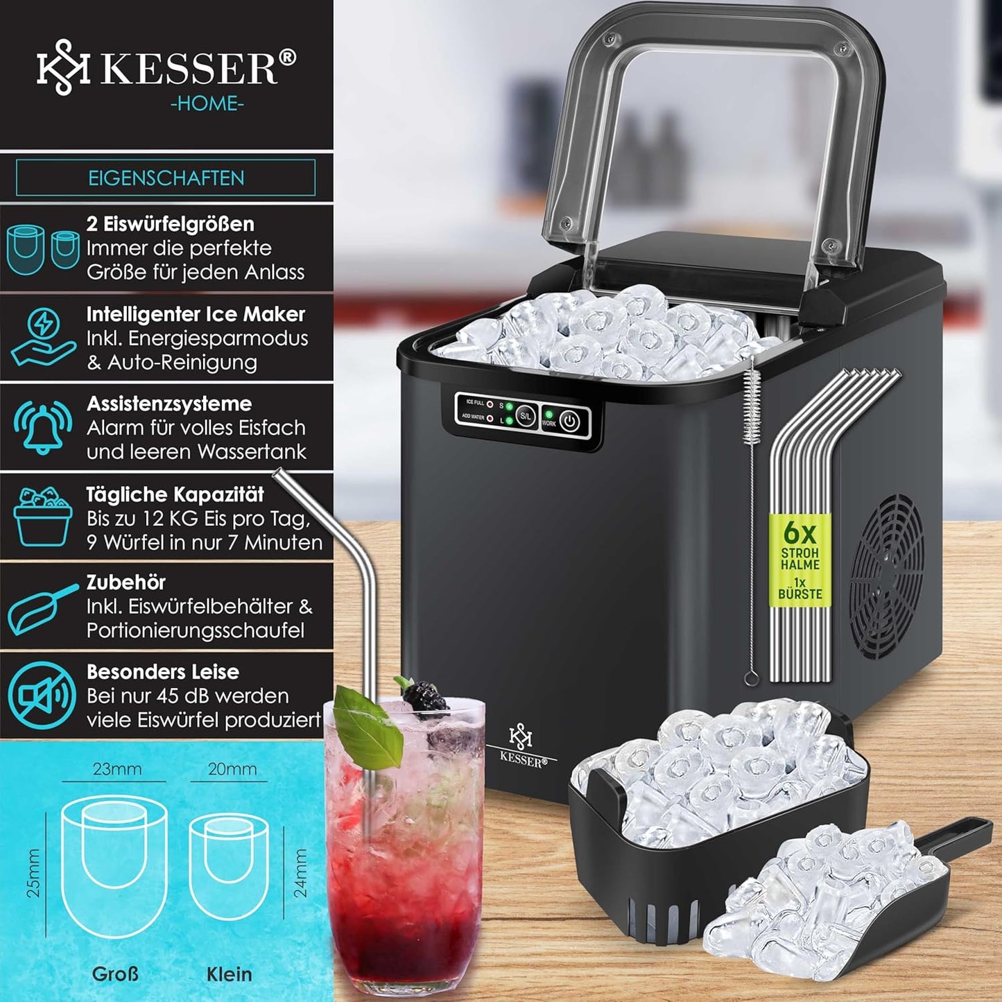 Eiswürfelmaschine mit LED-Display, Anthrazit