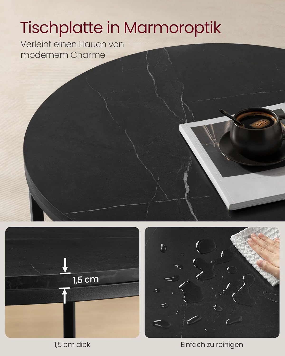 Moderner Couchtisch mit Glasplatte und Stauraum, 65d cm Marmorschwarz + Tintenschwarz