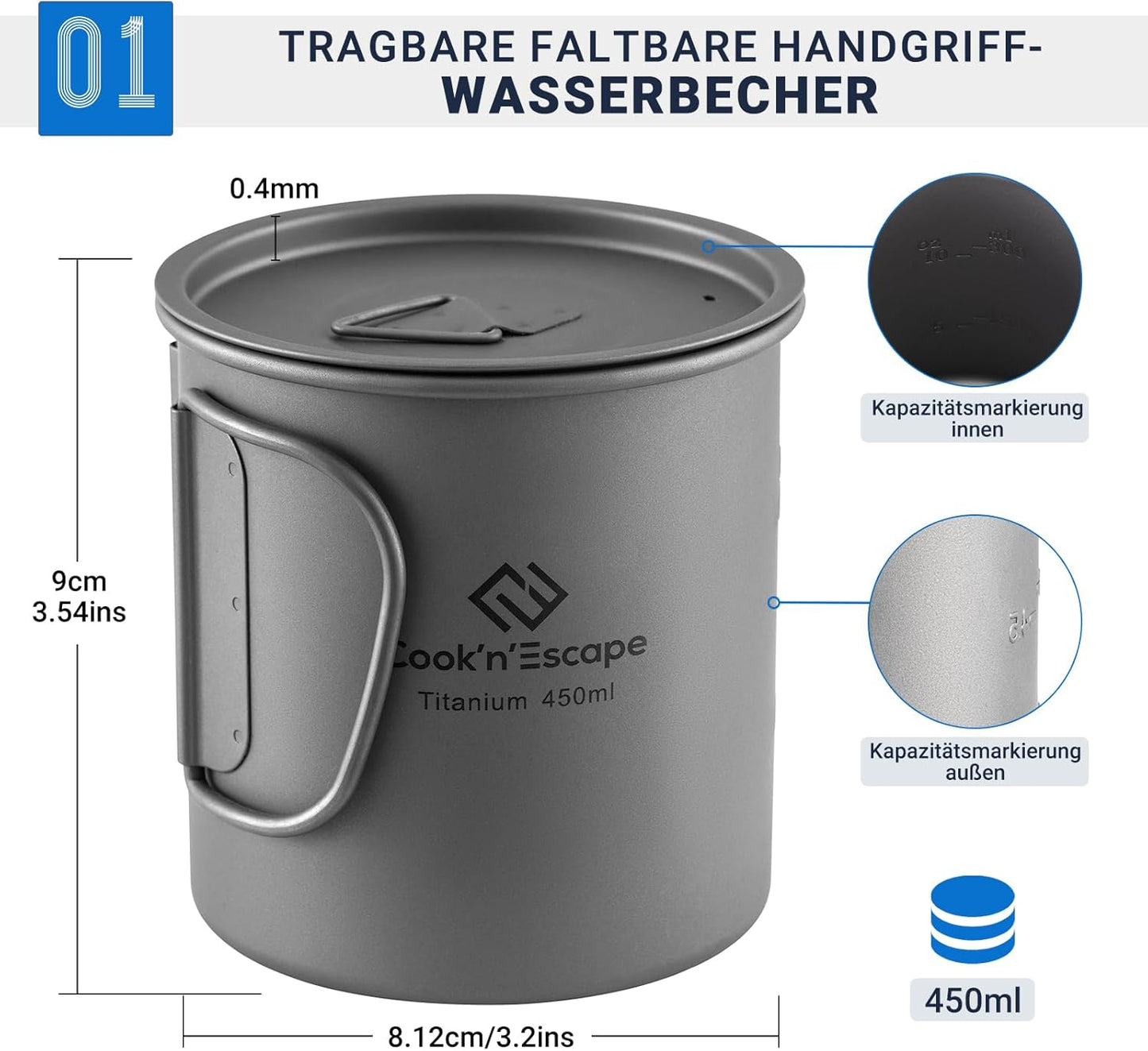 Camping Tasse mit Deckel und faltbarem Griff, 450ml Becher