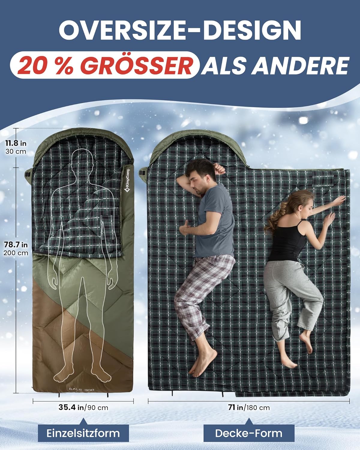 Schlafsack für Erwachsene, 300GSM Grün/Braun-R-Zip