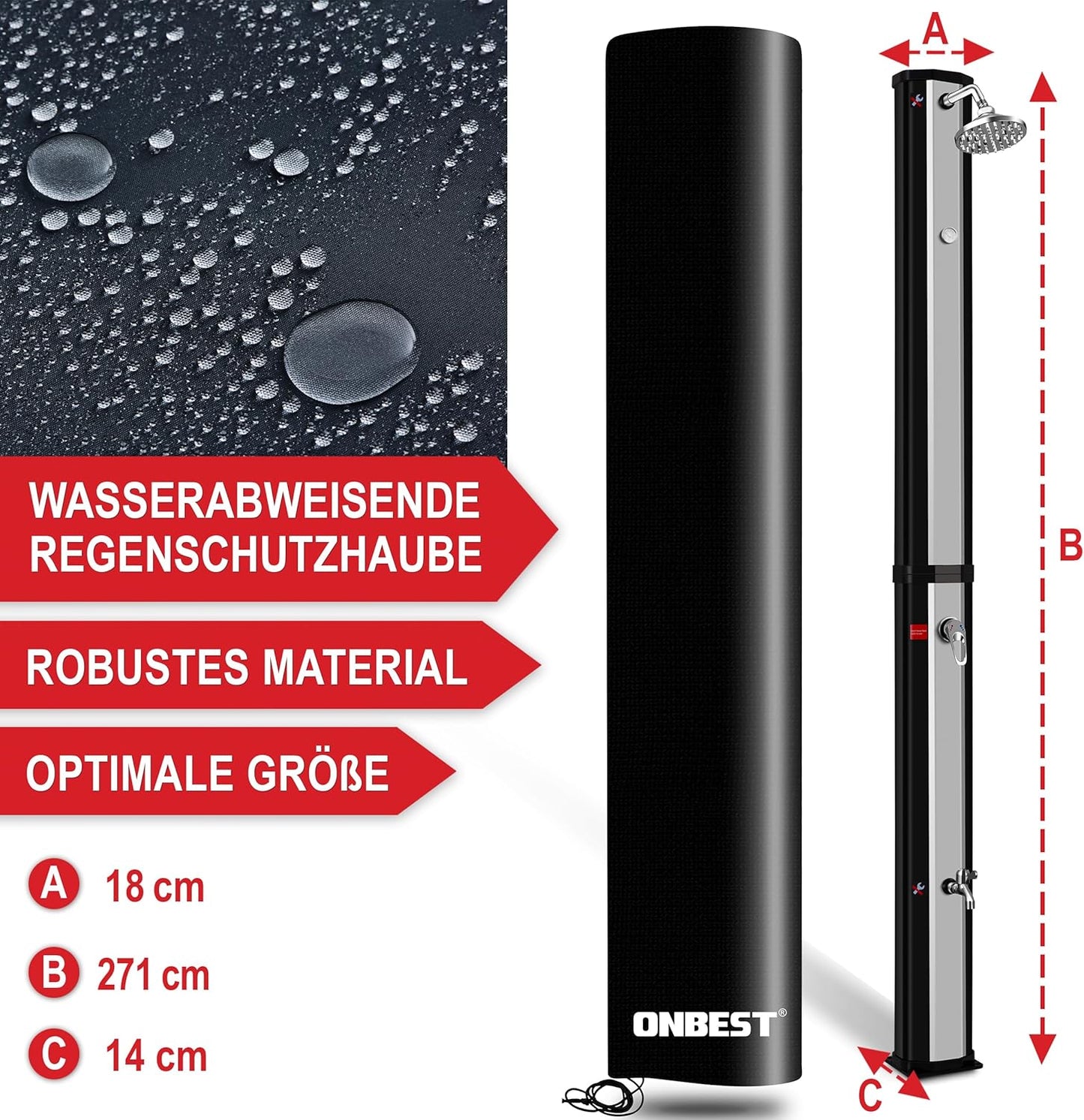 Solardusche mit Regenschutz & Thermometer, Schwarz-Silber