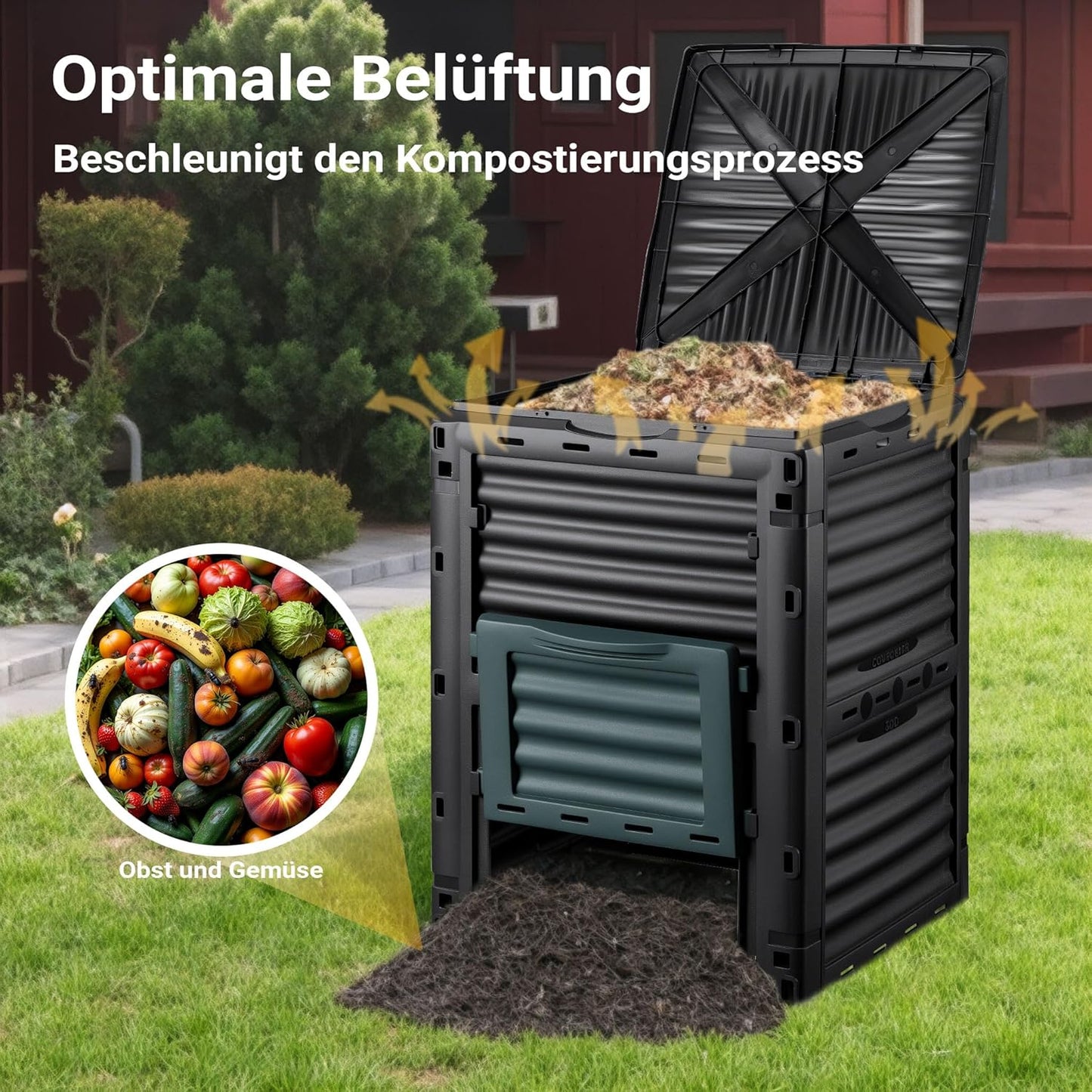 Gartenkomposter 300L mit Bodenklappe, Kunststoff 61x61x82 cm