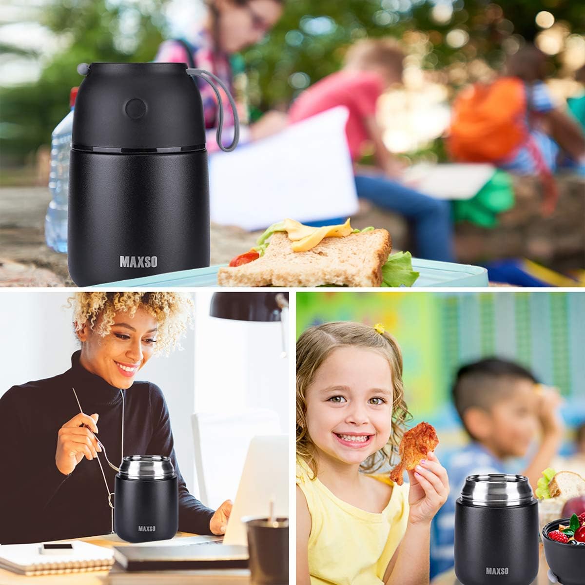 Thermobehälter-Set mit Löffel, 500ml + 700ml, Schwarz 500 ml + 700 ml