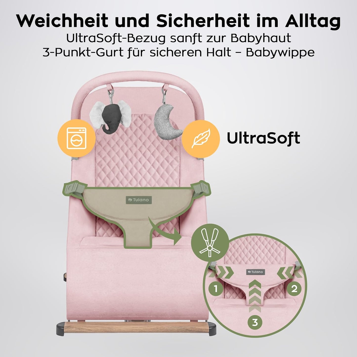 Moon 30 Babywippe mit Spielbogen und 3-Punkt-Gurt, Rose