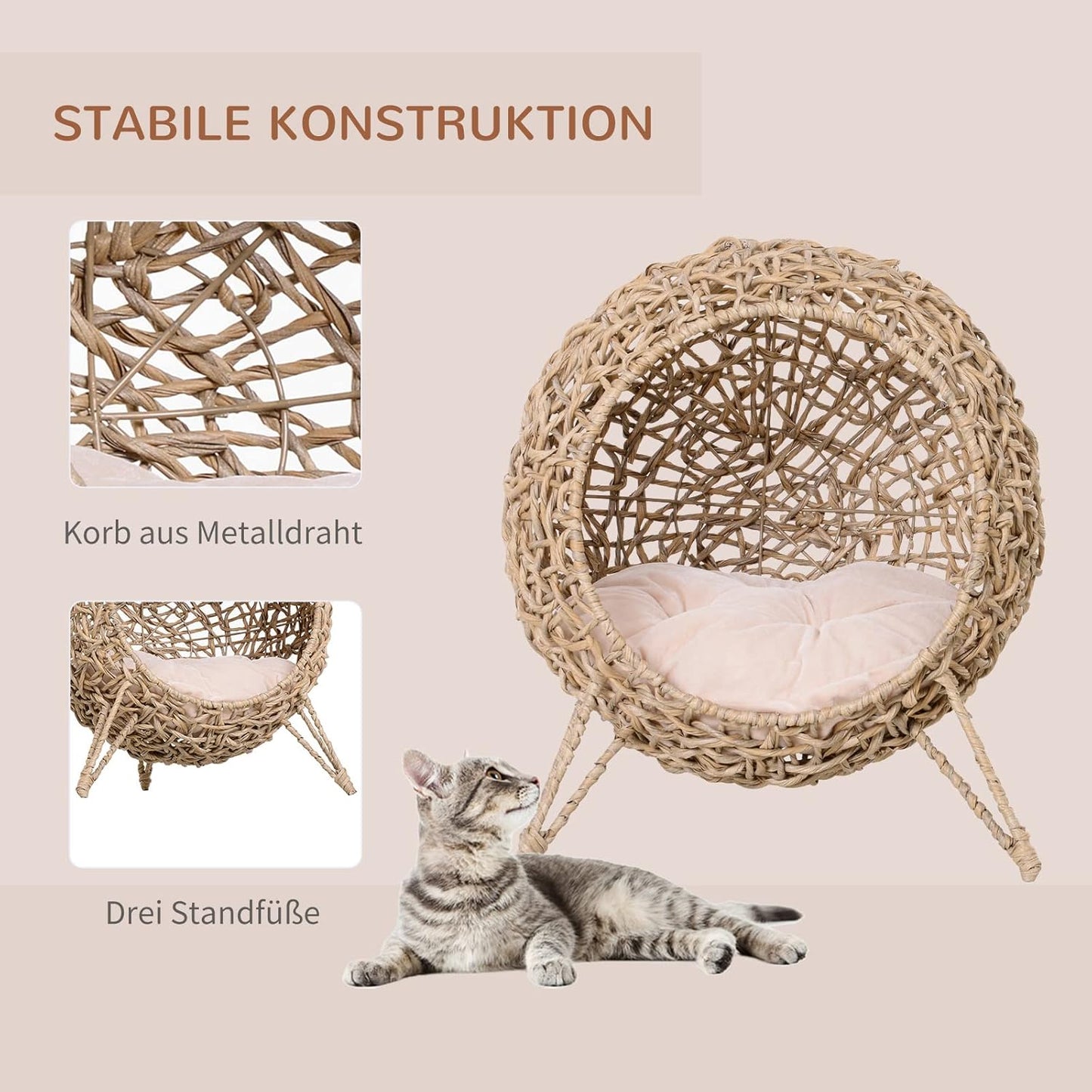 Katzenkorb mit Kissen, Naturholz