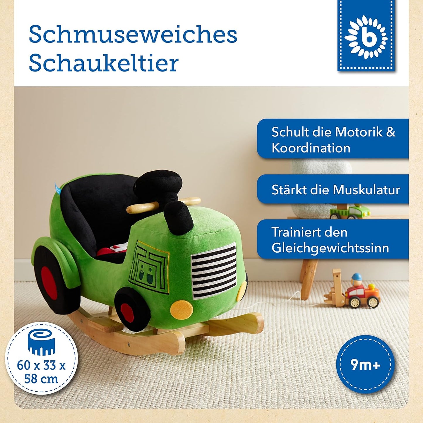 Plüsch Schaukeltier Traktor mit Sicherheitsgurt, grün
