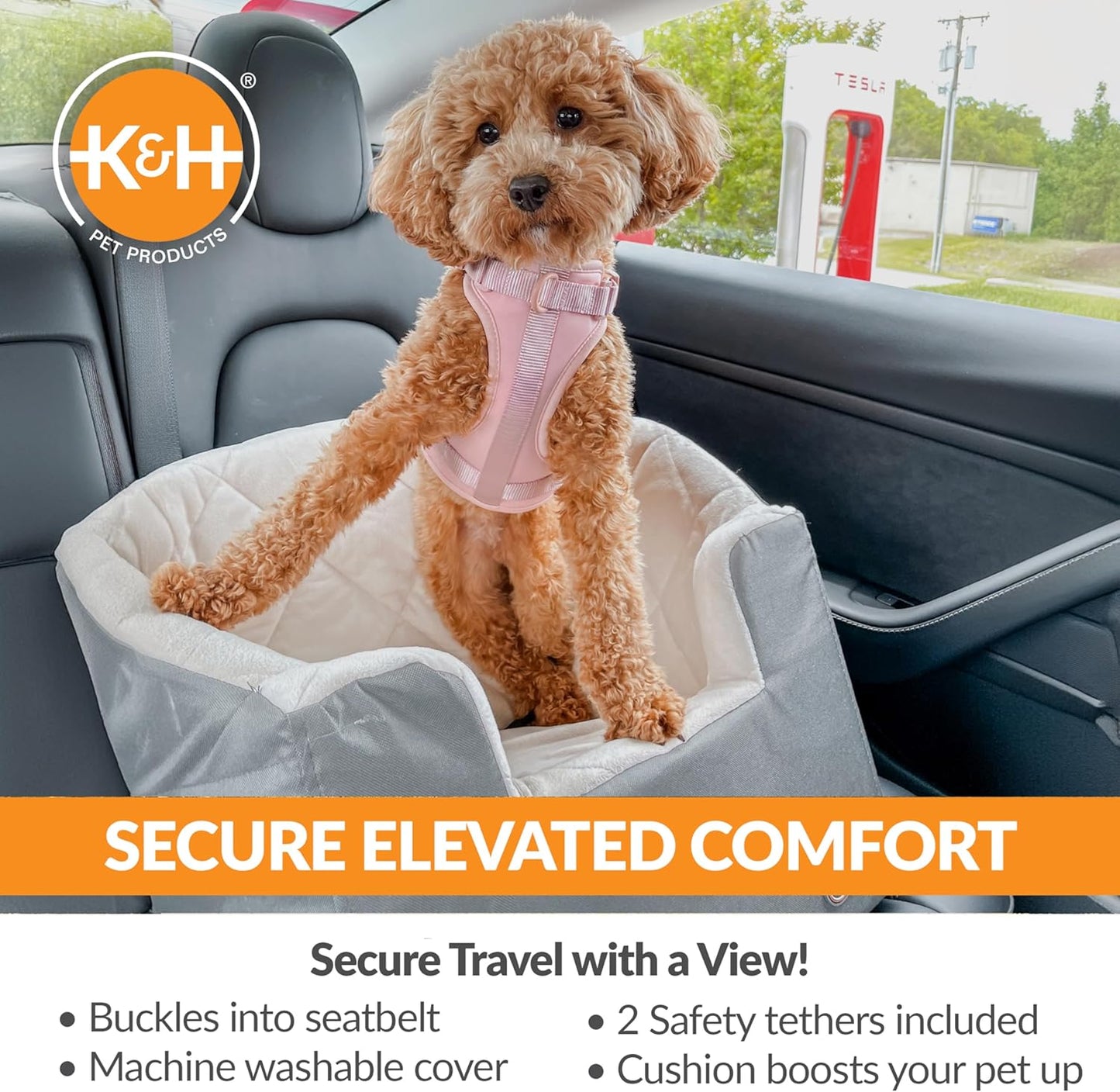 Eimer Booster Hundeautositz mit Sicherheitsgurt, Grau/Creme Small