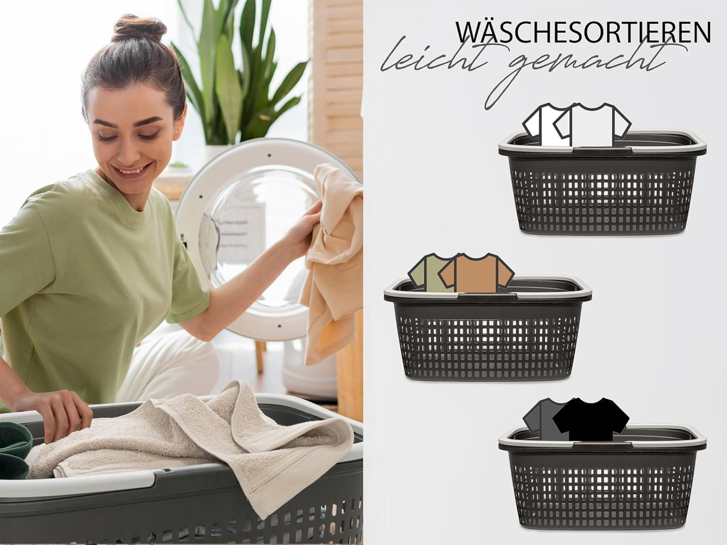 2er-Set Wäschekörbe mit Tragegriff, Anthrazit-schwarz 2 Körbe