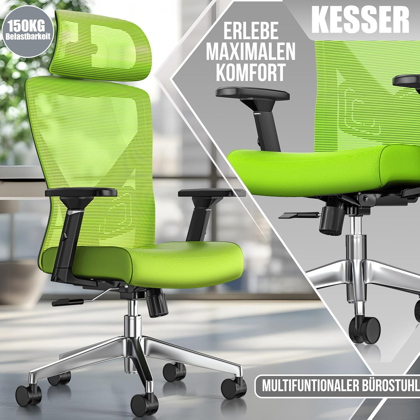Ergonomischer Bürostuhl mit Wippfunktion und Lendenstütze, Grün / Silber