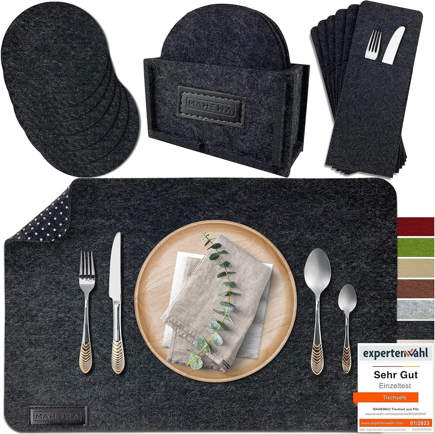 Filz Tischset mit Untersetzern und Bestecktaschen, Anthrazit-Weiss 6er Set mit Zubehör
