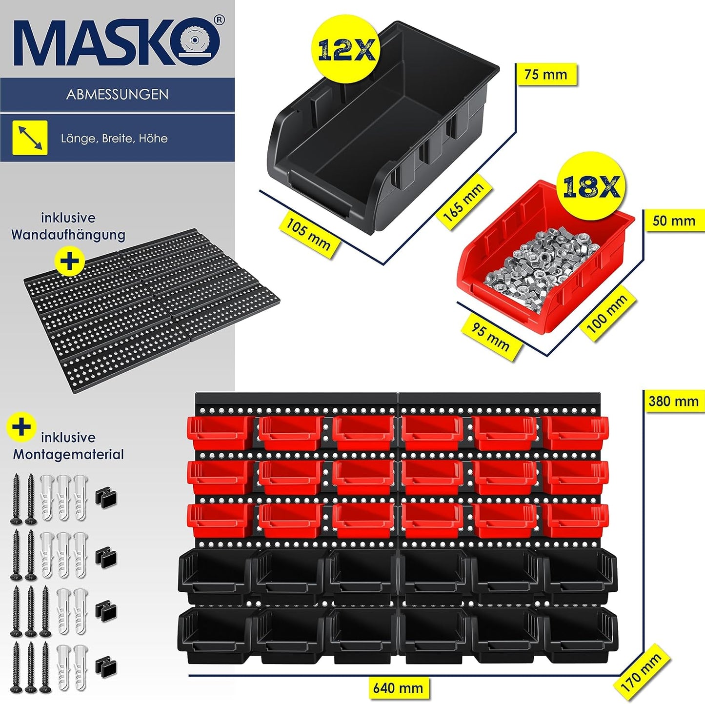 32-teiliges Stapelboxen Wandregal-Set, Schwarz / Rot