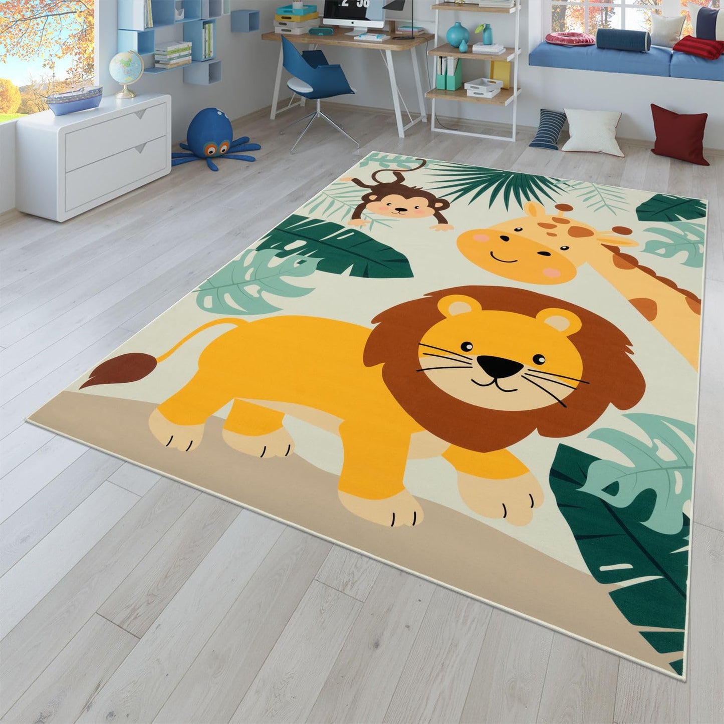 Kinderzimmerteppich Teppich Junge Mädchen Kinderteppich Rutschfest Zoo Tiere, 80x150 cm Rettangolare Grün Beige Blau