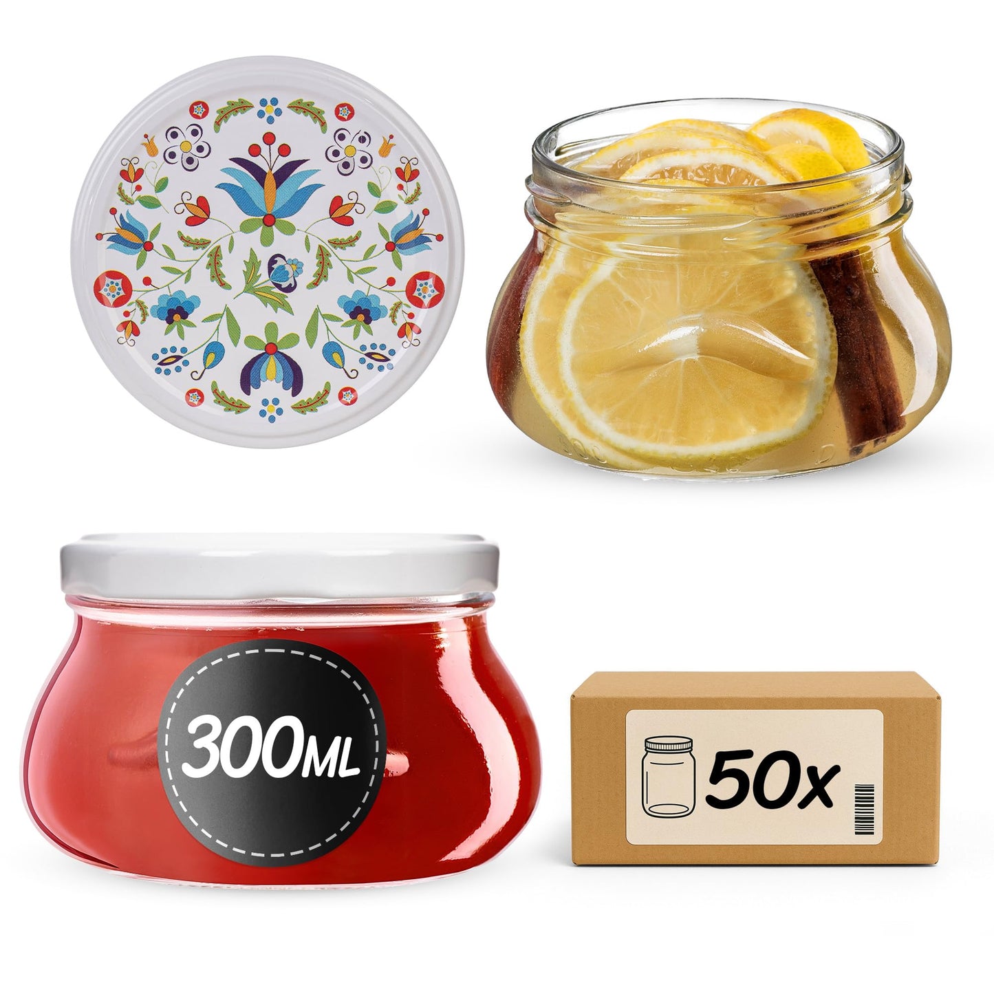 50 x Marmeladengläser mit Schraubdeckel, Blumen 50 Stück