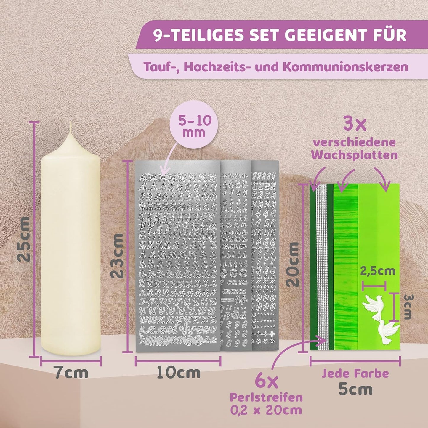 Taufkerze Bastelset mit Buchstaben und Wachsmotiven, Grün mit Taube Kerze 25x7 cm | Creme