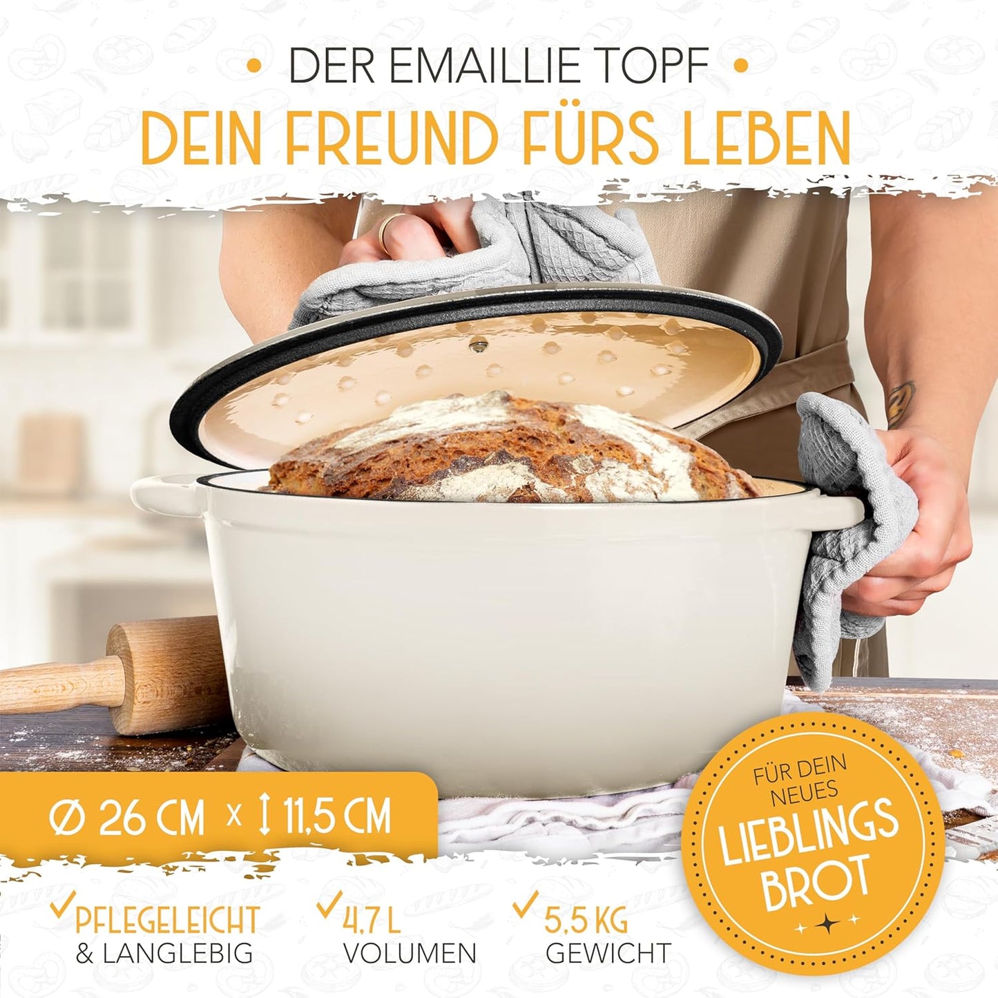 Brotbacktopf mit Gärkorb, Creme Topf