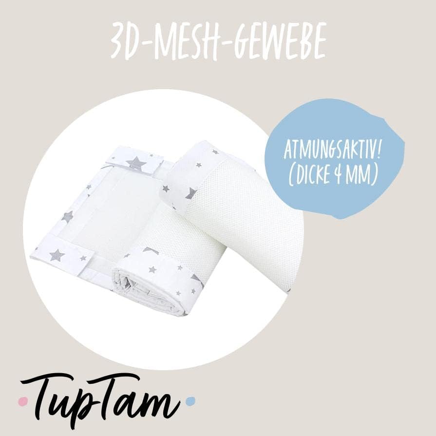 Bettumrandung Nestchen, ca. 128 x 30 cm (für Babybett 140x70) Grosse Sterne Grau/Weiss