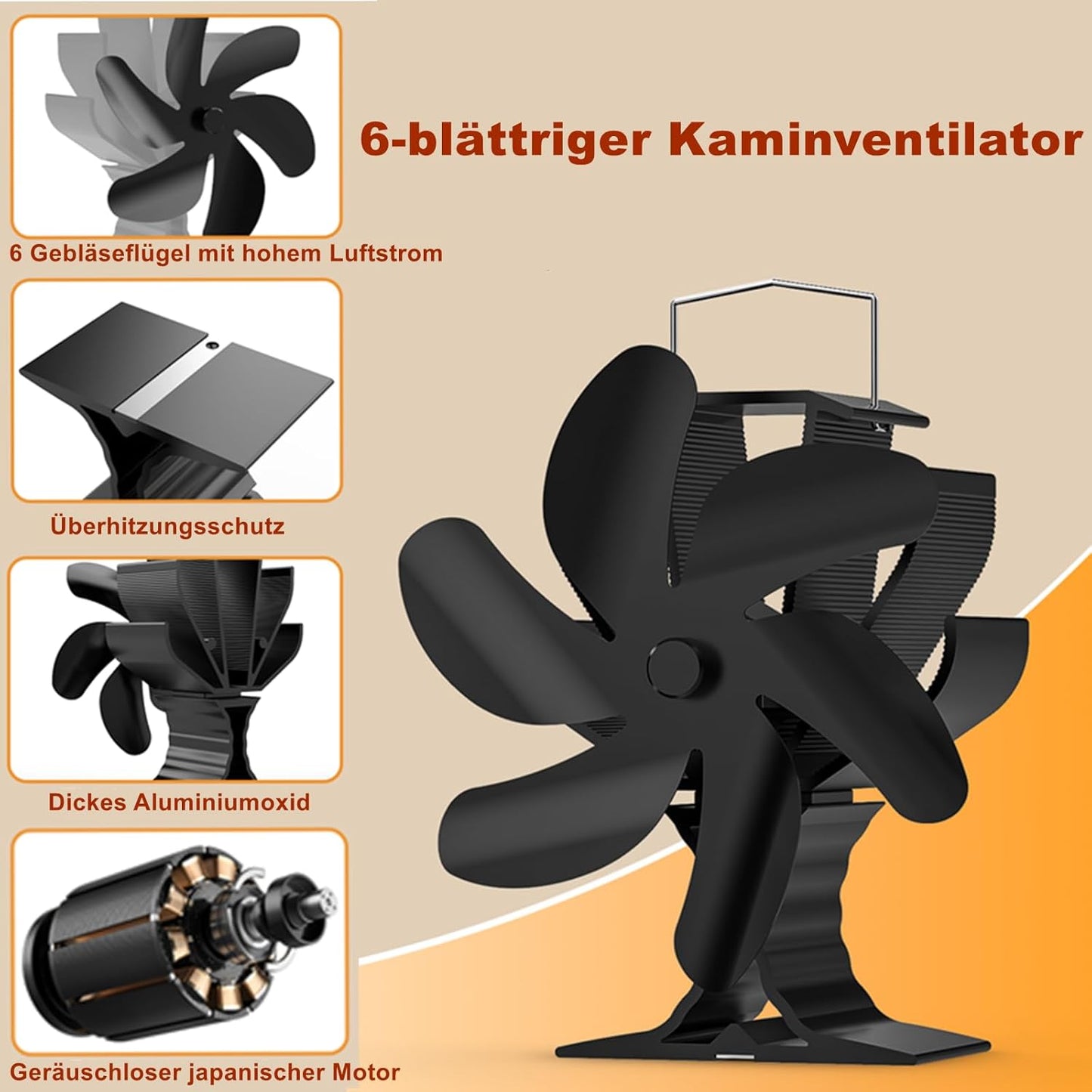 Wärmebetriebener Kaminventilator, Sechs-Blättern