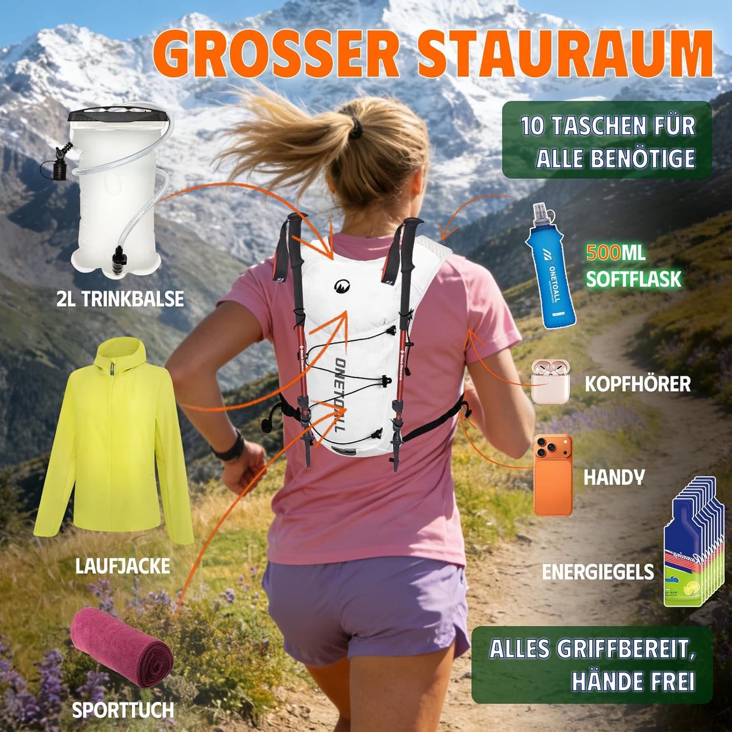 Trinkrucksack, Weiss mit eine 500ml Trinkflasche + eine 2L Trinkblase