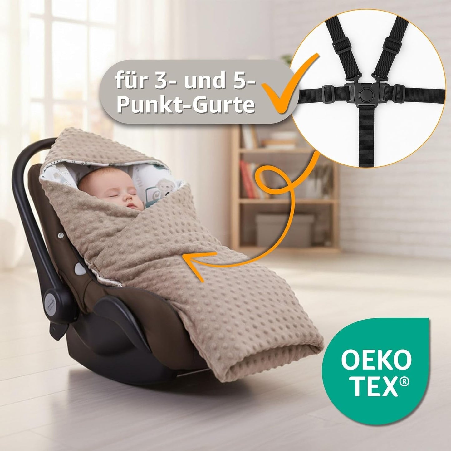 Einschlagdecke für Babyschale und Autositz, Beige mit Weiß Sternen Ganzjahres