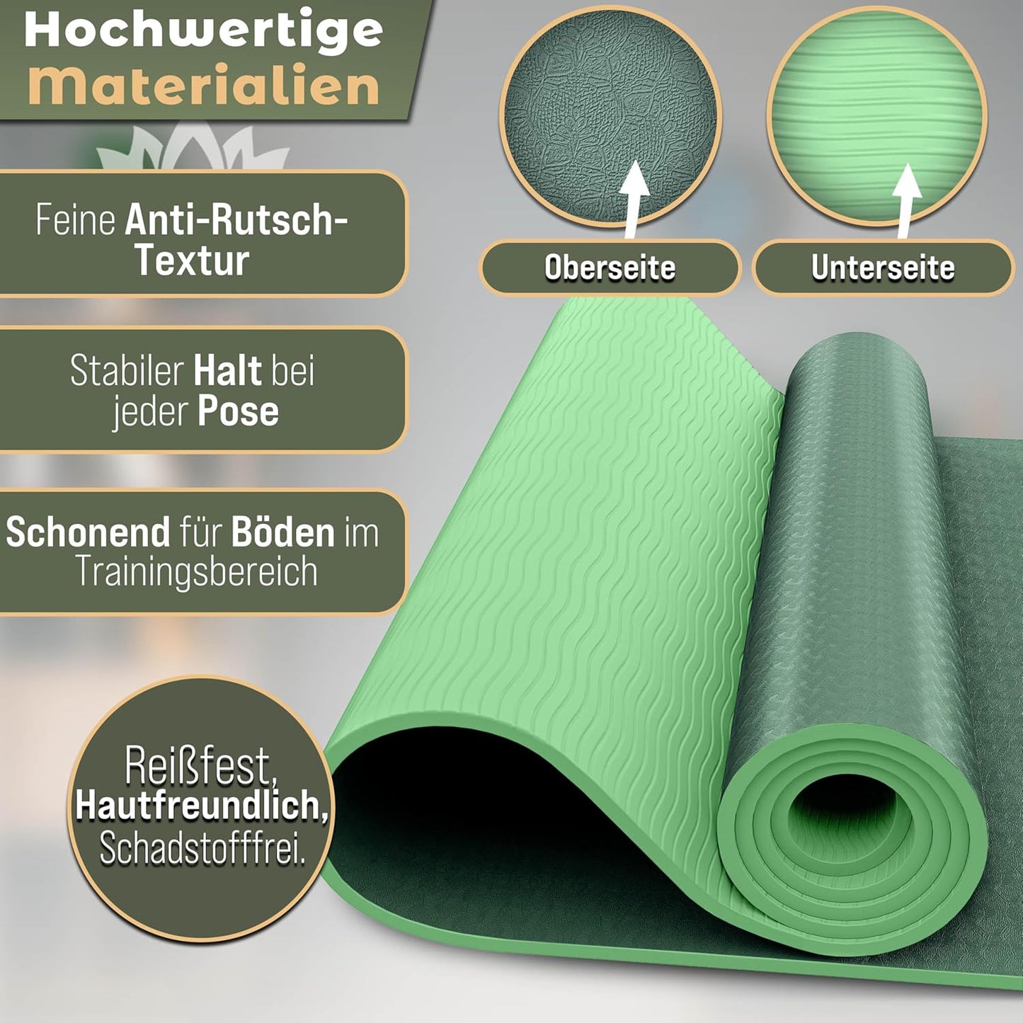 Yogamatte Phthalatfrei rutschfest 183x61x0,6 cm, Dunkelgrün / Limette