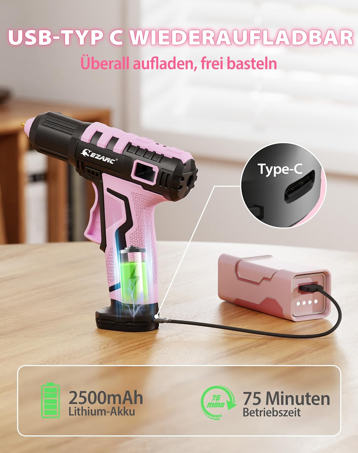 Kabellose Heissklebepistole mit 30 Klebesticks, Pink
