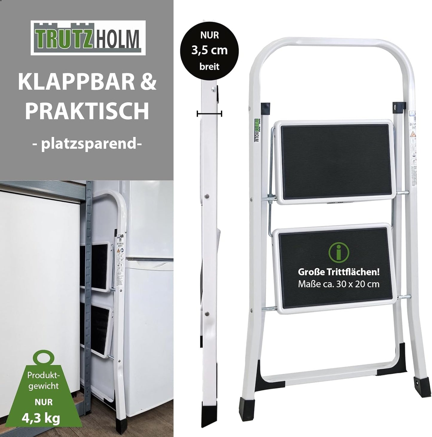 Klappbare Trittleiter, 2 Stufen, Weiss