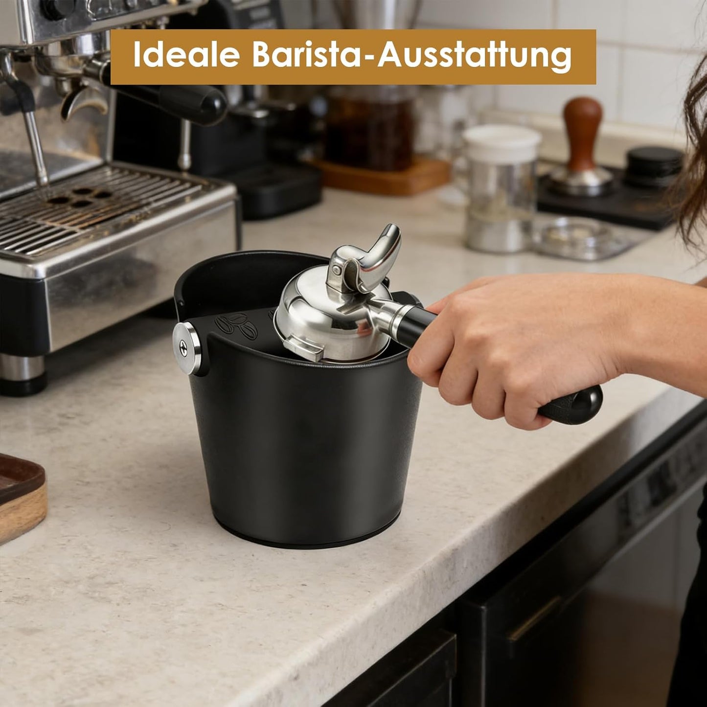Abklopfbehälter für Siebträger mit Tampermatte