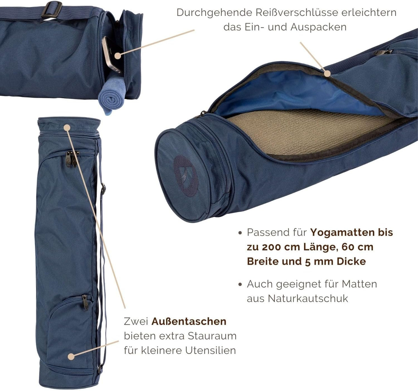 Yogamattentasche mit Aussentaschen für Zubehör, Dunkelblau 60 cm