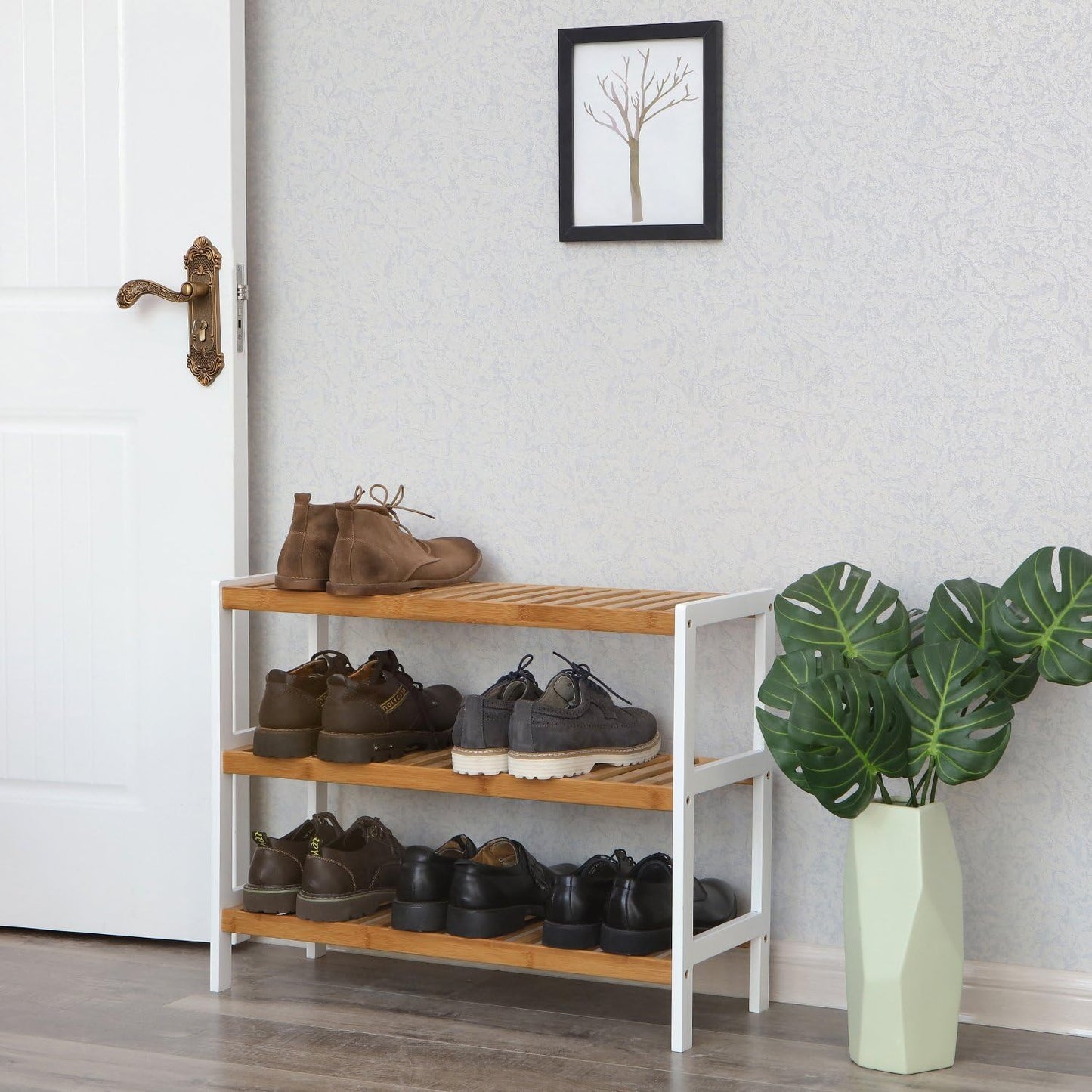 Schuhregal mit 3 Ebenen, Weiss + Naturfarben 3 Ebenen