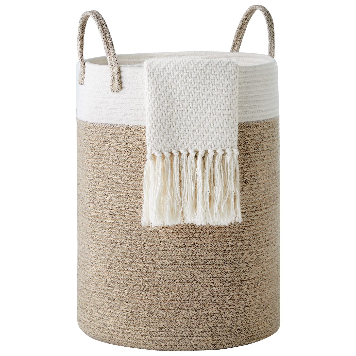Geflochtener Wäschekorb mit Griffen, 58L, Weiss & Braun 58L