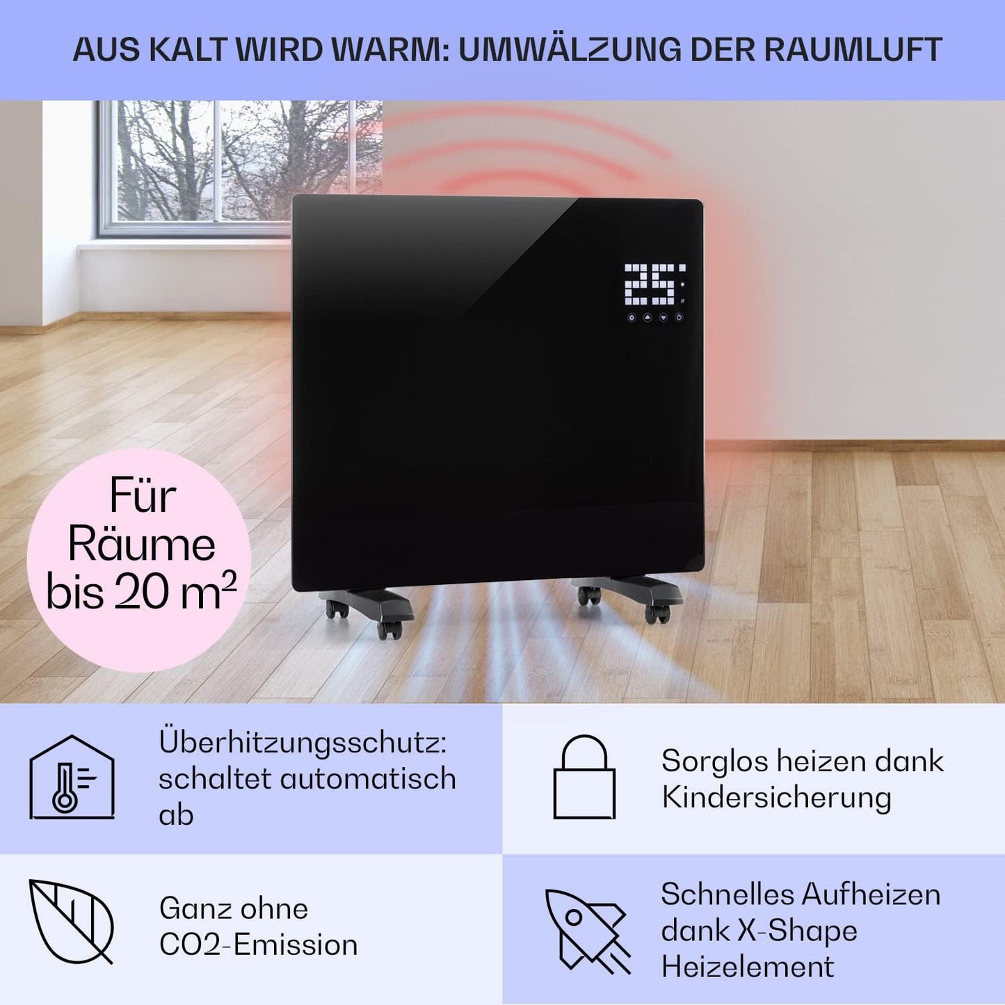 Elektroheizung mit Bodenrollen, Schwarz ; Bornholm Single