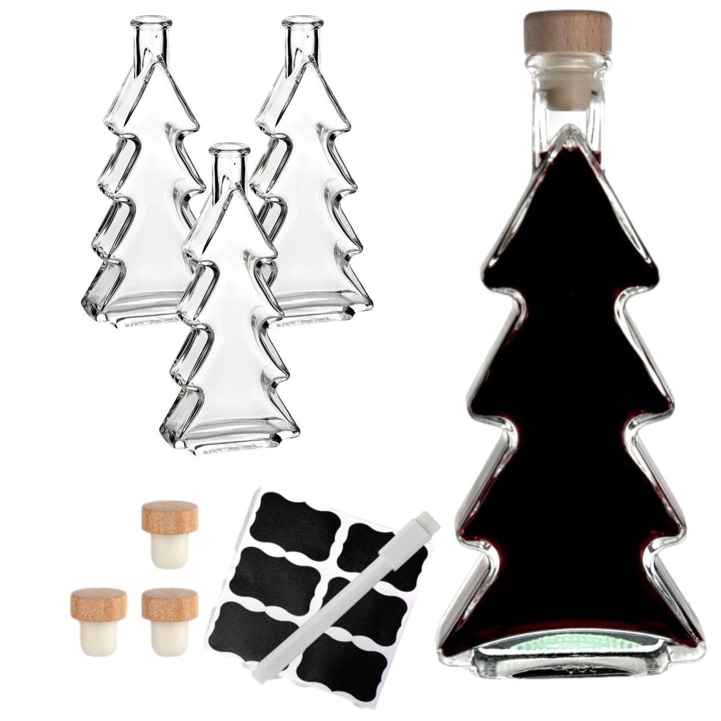 Glasflaschen-Set mit Korkverschluss und Tannenbaumform, Tanne/Klar 4 Stück