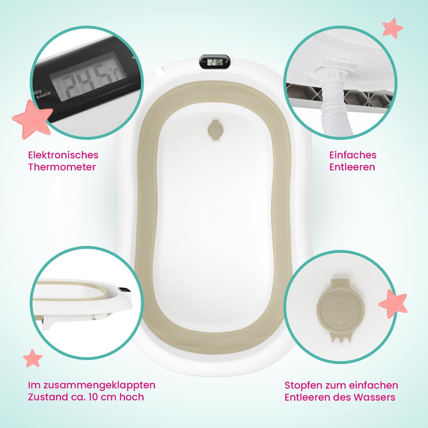 Faltbare Babybadewanne mit Badesitz und Thermometer, Premium Beige (Gestell, Badesitz, Thermometer) Faltbare Babybadewanne mit Gestell
