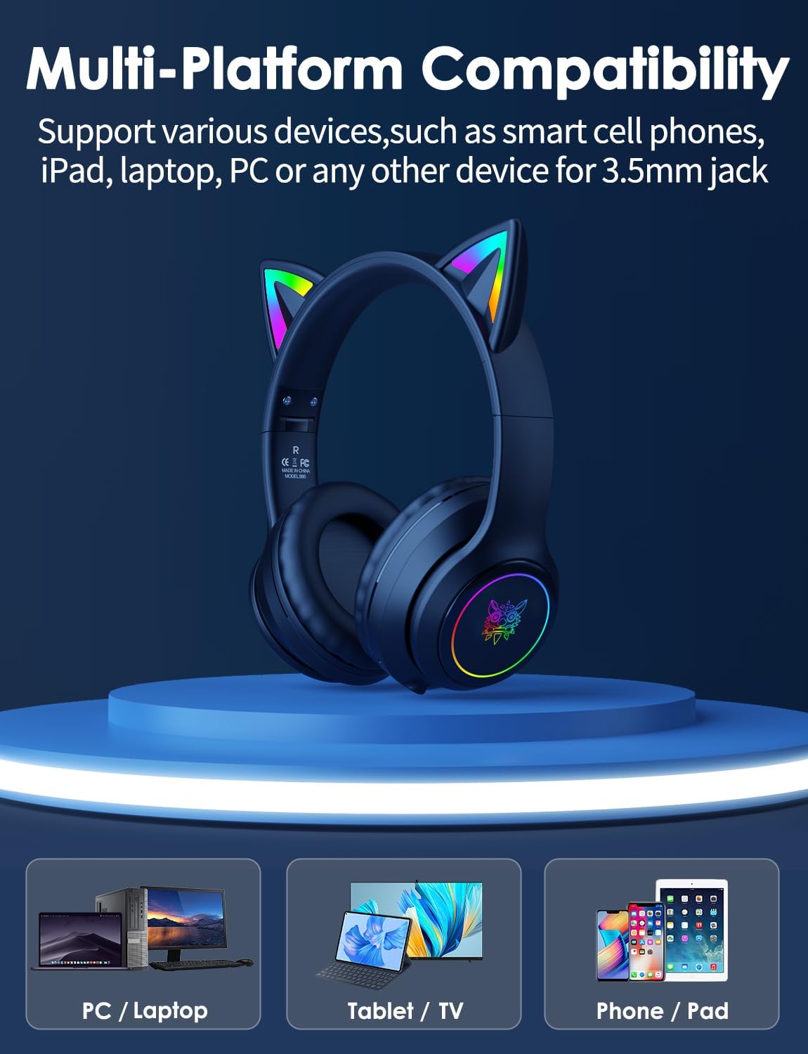 Bluetooth-Kopfhörer mit LED-Katzenohren, Cat-Ear Bluetooth