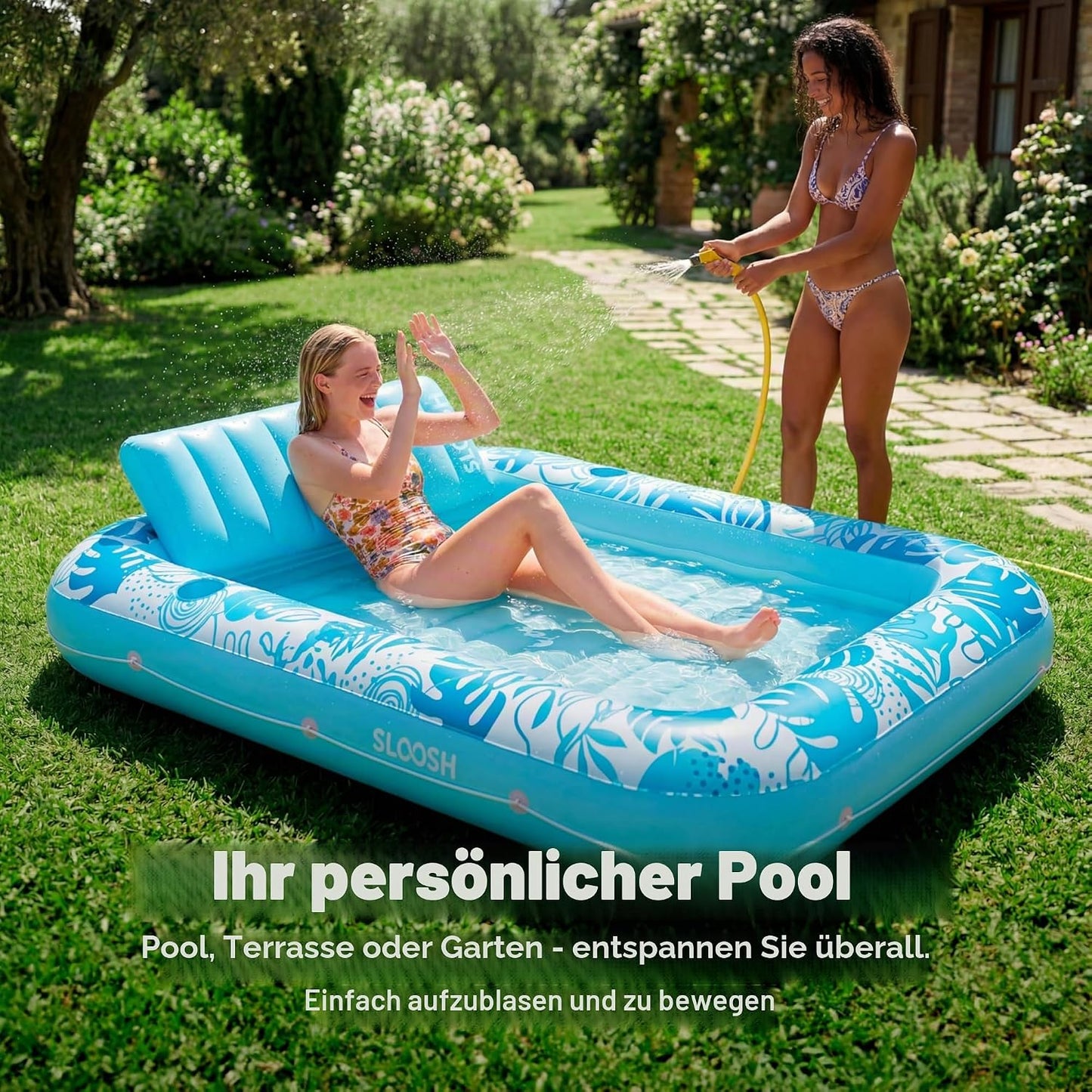 Aufblasbarer 4-in-1 Sonnenliegepool mit Kissen und Getränkehalter, Blau XL