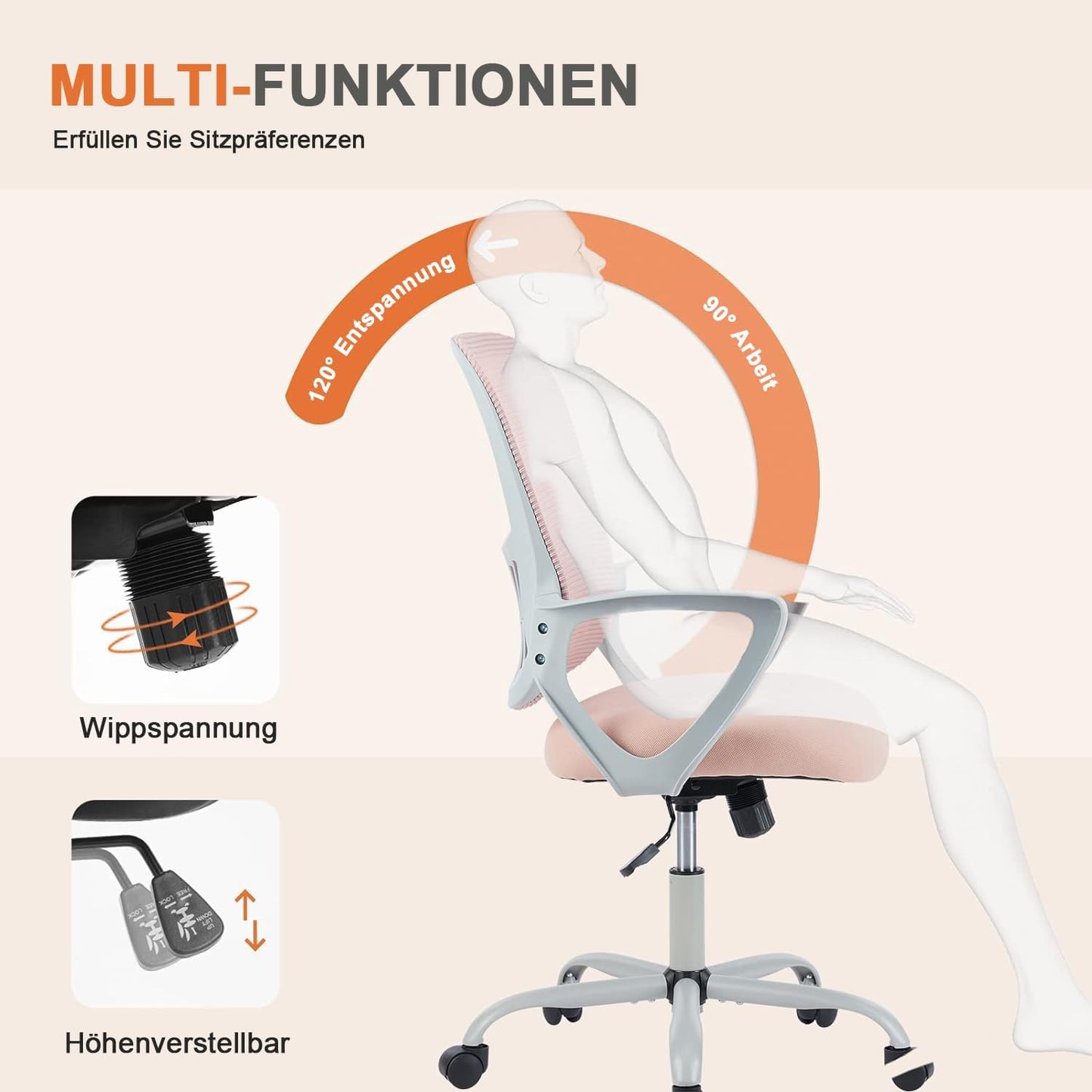 Ergonomischer Bürostuhl mit Lendenwirbelstütze, Rosa