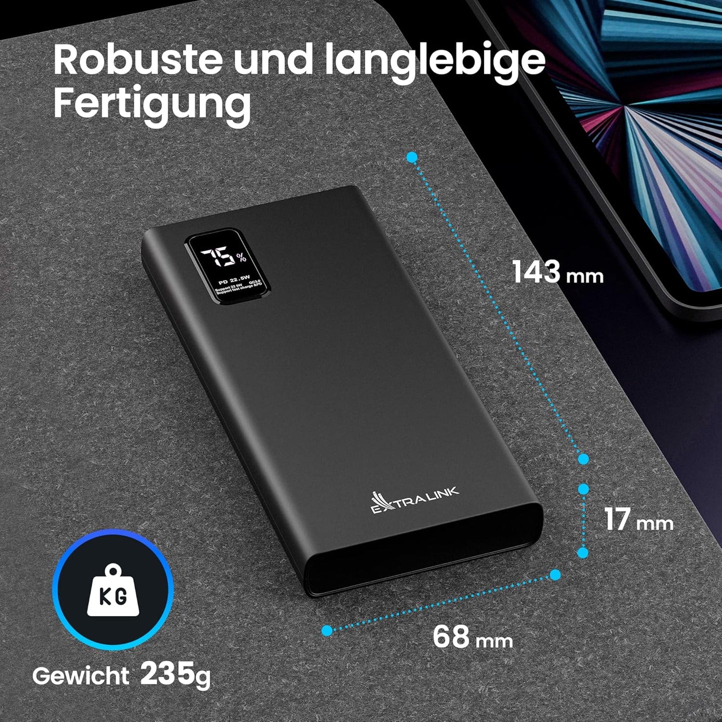 Powerbank mit Schnellladefunktion, 10000mAh/22.5W/Schwarz