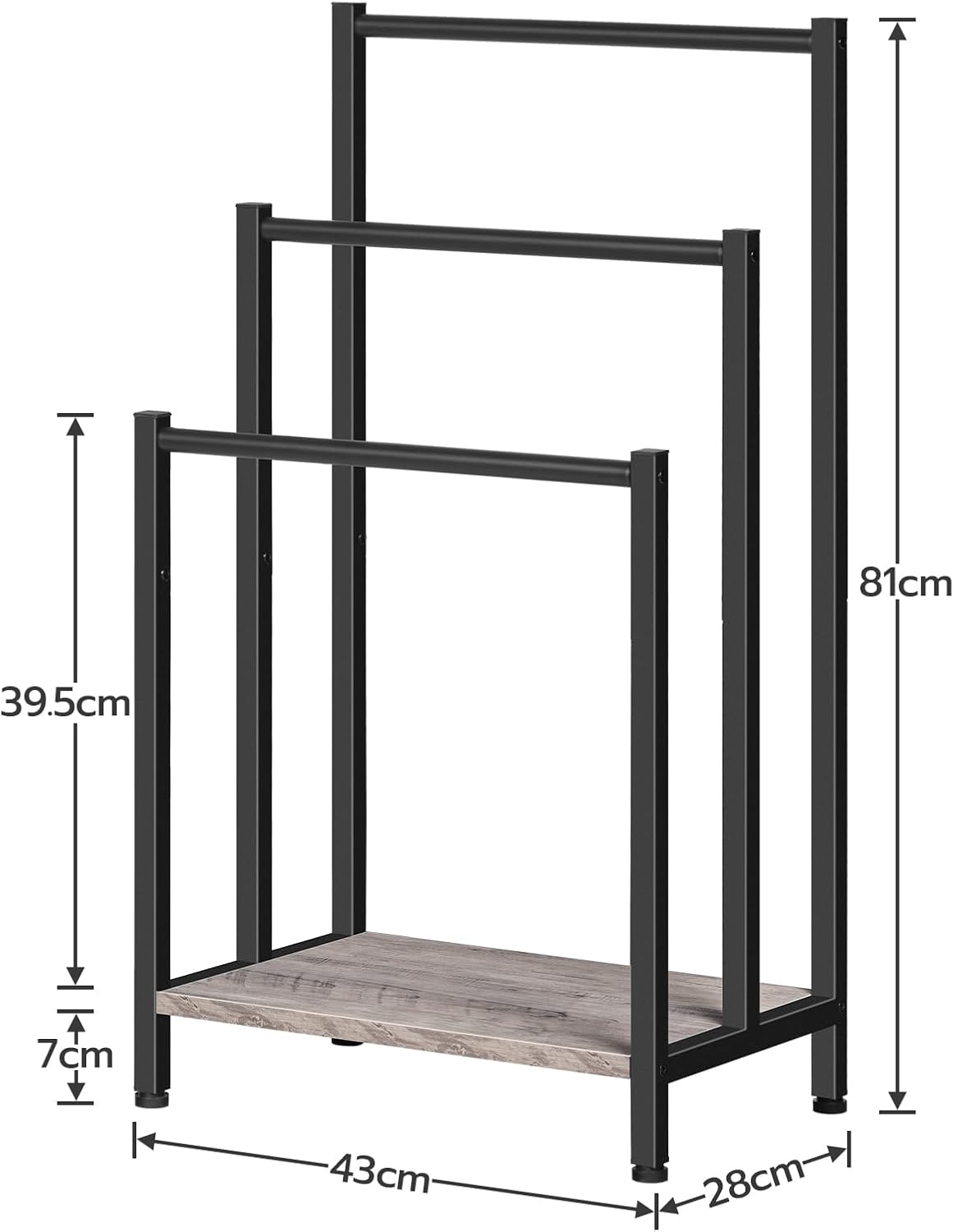 Freistehender Handtuchständer mit 3 Stangen, 43 x 28 x 81 cm Greige + Schwarz